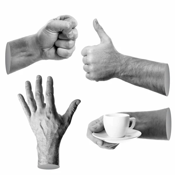 Male Hand Demonstrates Various Gestures Black White Concept Set Isolated — Stock Photo, Image