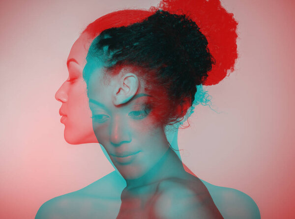 Young beautiful african american woman meditates or dreams, double exposure