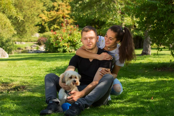 年轻的夫妇与小狗 美丽的微笑的年轻女子和男子的肖像抱着可爱的小狗 夏季公园户外 — 图库照片