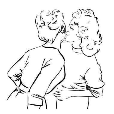 Dedikodu. Kız arkadaşının kulağına dedikodu ve sırlar fısıldıyor. Retro kadınların soyut portresi, çizgi sanatı, hızlı çizim, vektör illüstrasyonu.