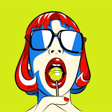 Girl in sunglasses licks sweet lollipop, summer vivid pop art vector illustration clipart