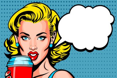 Güzel sarışın manken konuşma baloncuğu, klasik pop sanat çizgi stili, vektör illüstrasyonlu tatlı karbonatlı içecek içer.