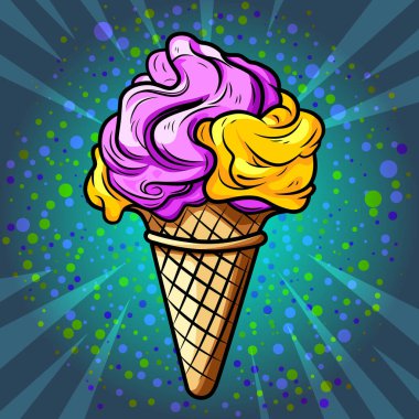 Gökkuşağının iştah açıcı dondurması beyaz arka planda, vektör pop sanat karikatürü illüstrasyonu