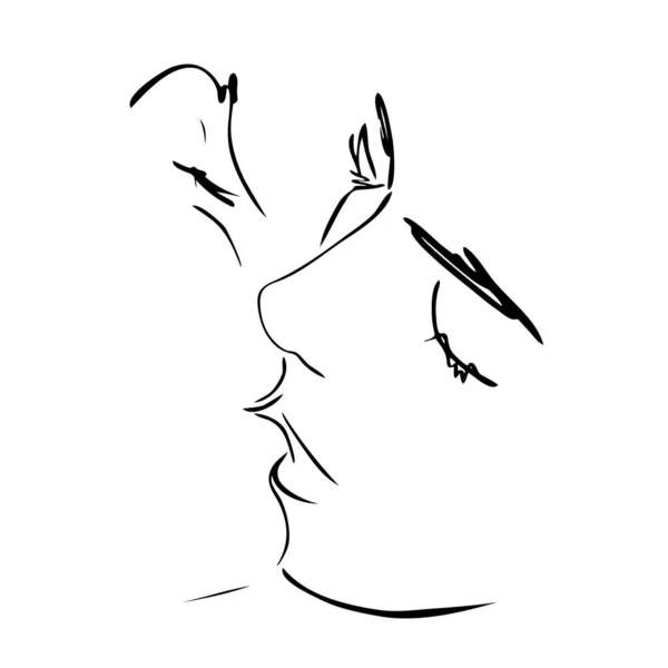 キスだ 美しい女性の顔 愛の女性 抽象的な肖像画 ラインアート クイックスケッチ ベクトルファッションイラスト — ストックベクタ