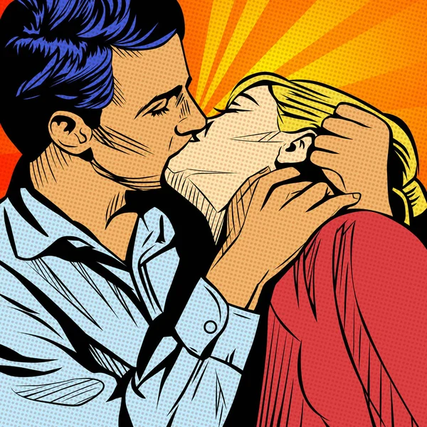Retro Lovers Man Woman Kissing Love Vector Illustration Typical American — Stock Vector