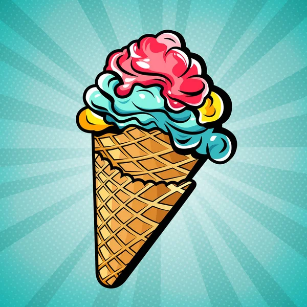 Rainbow Appetizing Ice Cream Waffle Cone Overpop Art Background Vector - Stok Vektor