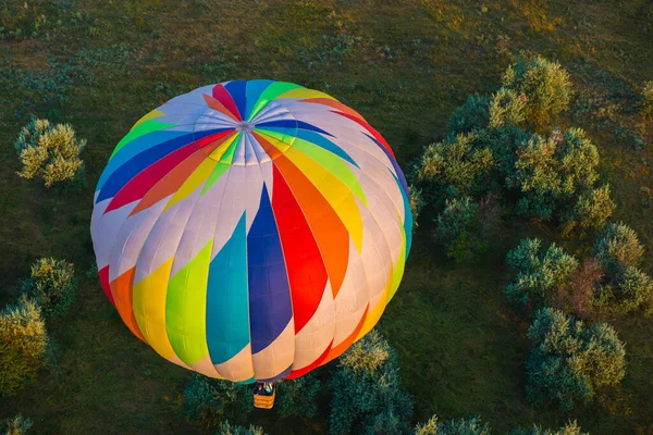 Balão Quente Está Voando Sobre Terra Com Árvores Pela Manhã — Fotografia de Stock