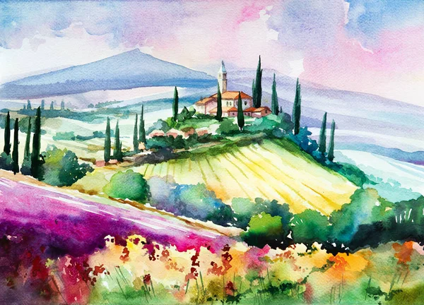 Beautiful Landscape Hills Mountains Fields Trees Tuscany Italy Hand Drawn — Stock Photo, Image
