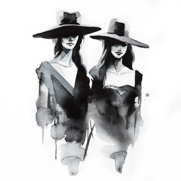 Abstract Female Fashion Modes Black White Portrait Hand Drawn Watercolor — Stock Photo, Image