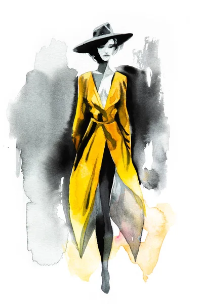 Abstrakt Kvinnliga Mode Modell Svart Och Gult Porträtt Handritad Akvarell — Stockfoto