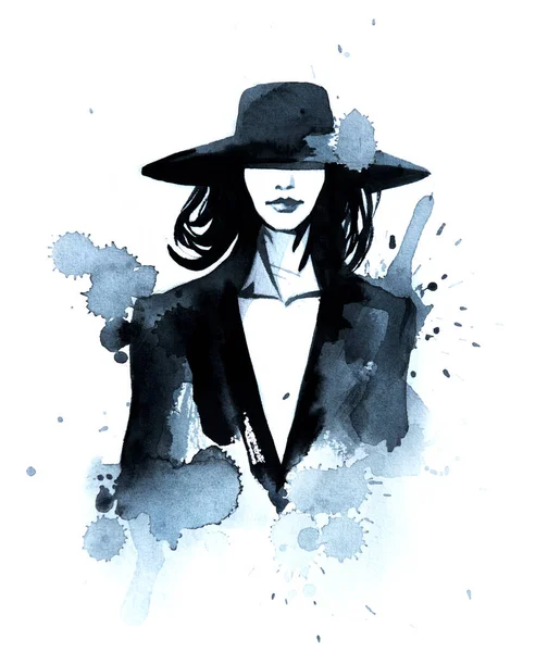 Abstraktes Weibliches Mode Modell Schwarz Weiß Porträt Handgezeichnete Aquarell Illustration — Stockfoto