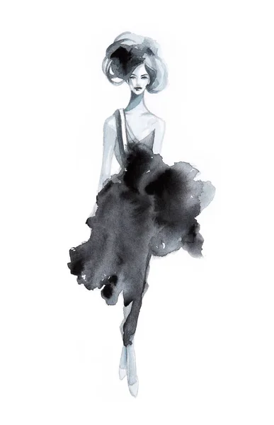 Abstract Female Fashion Model Black White Portrait Hand Drawn Watercolor — Stock Photo, Image
