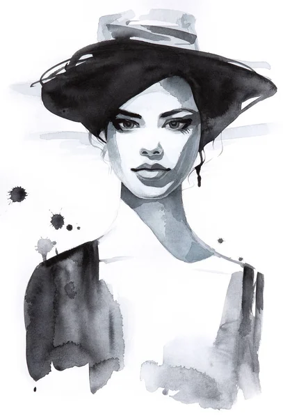 Modèle Féminin Abstrait Portrait Noir Blanc Illustration Aquarelle Dessinée Main — Photo