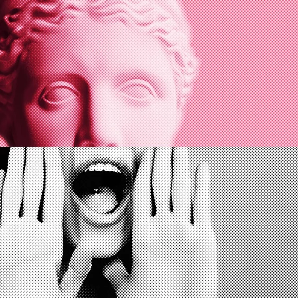 Samtida Collage Gips Staty Huvud Popkonst Stil Tonad Rosa Och — Stockfoto