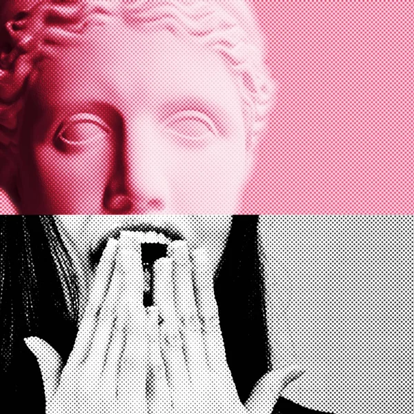 当代流行艺术风格的石膏雕像头像拼贴 年轻女子笑着用手捂住嘴 — 图库照片