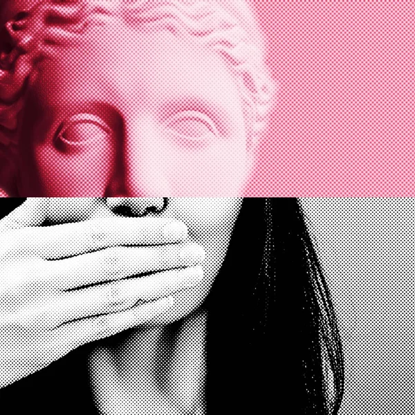 Samtida Collage Gips Staty Huvud Popkonst Stil Tonade Rosa Och — Stockfoto