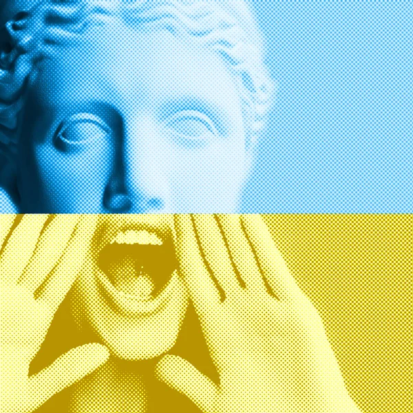 Collage Contemporáneo Cabeza Estatua Yeso Moda Emocional Joven Gritando Como —  Fotos de Stock