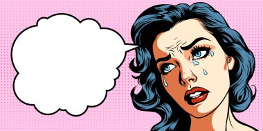 Crying young beautiful woman with speech bubble, vector illustration in vintage pop art comic style clipart