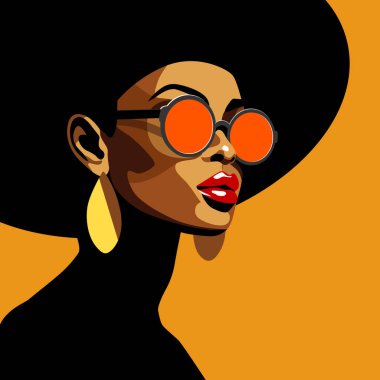 Şapkalı, güneş gözlüklü, manken, vektör resimli güzel Afrikalı Amerikalı kadın.