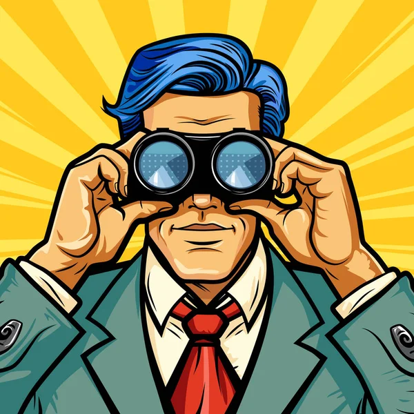 Pohledný Muž Obchodník Obleku Dívá Dalekohledem Pro Konkurenty Nové Obzory — Stockový vektor