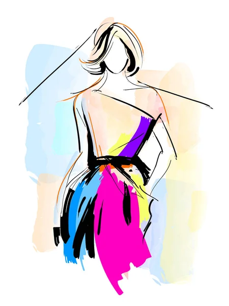Modemodel Einem Hellen Stilvollen Mehrfarbigen Kleid Gekleidet Abstrakte Frauenporträts Zeitgenössisches — Stockvektor