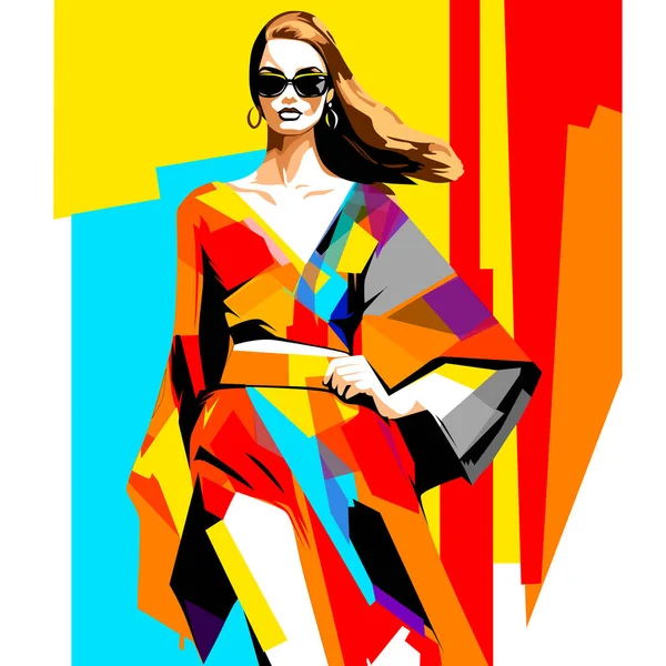 Modèle Mode Vêtu Une Robe Multicolore Élégante Lumineuse Promène Long — Image vectorielle
