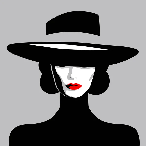 帽子と赤い口紅 ファッションモデル ベクトルイラストと若い美しい女性のレトロな肖像画 — ストックベクタ