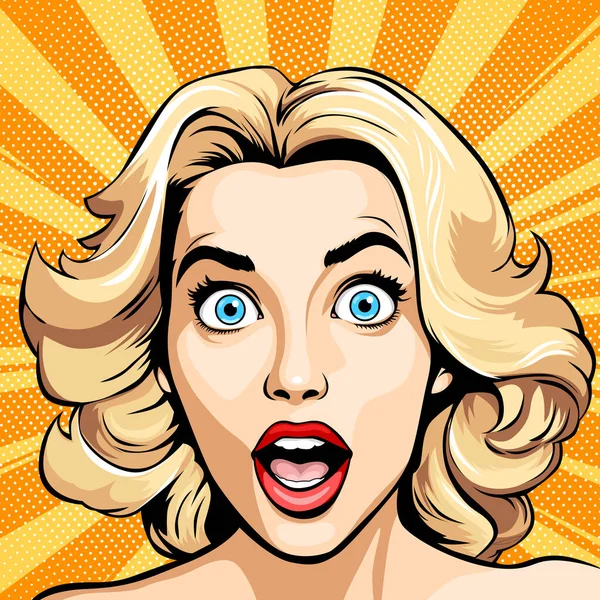 Surprised Happy Excited Young Attractive Blonde Woman Wide Open Blue — Stock Vector