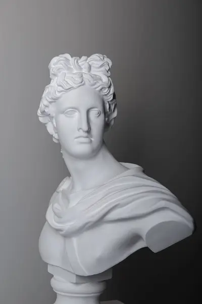 Male plaster statue head in studio over gray background