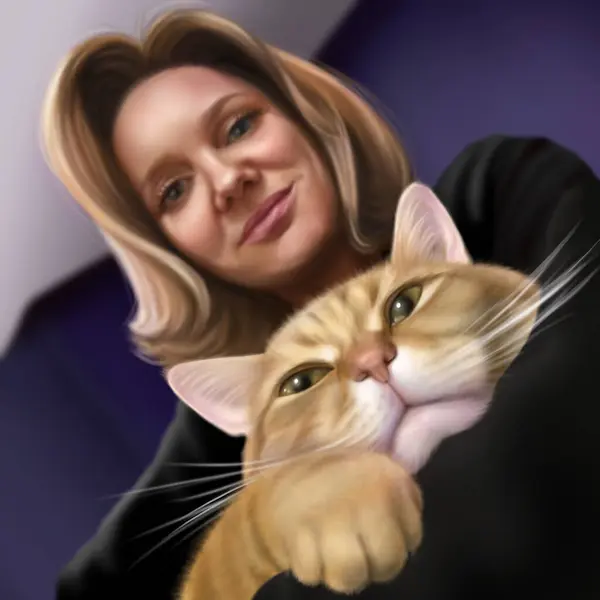 Selfie of woman and cat at home, digital illustration. Smiling lady hugging her cute ginger cat