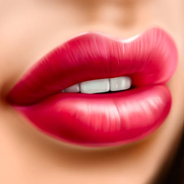 Beautiful sexy female lips with natural red lipstick and gloss, digital illustration. Smile