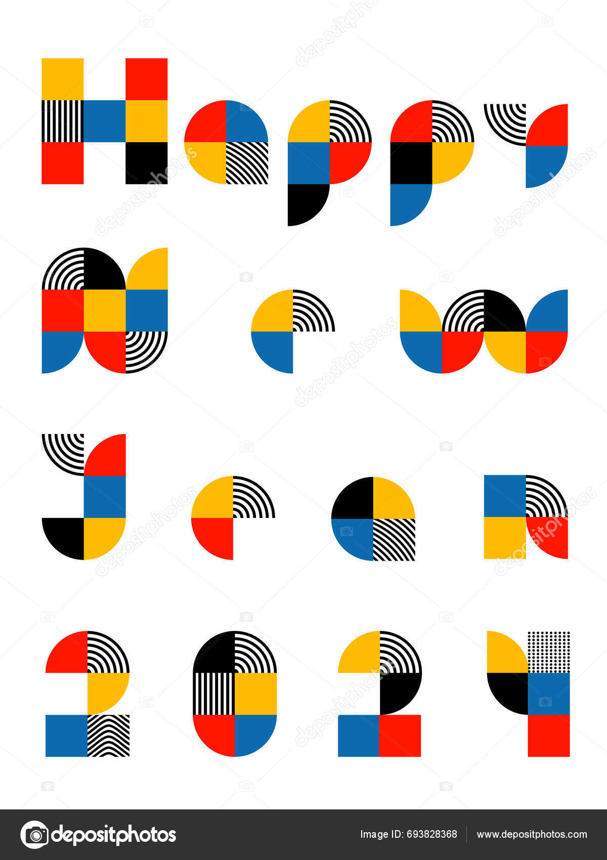 Happy New Year 2024 Trendy Font Retro Bauhaus Design Style Stock Vector