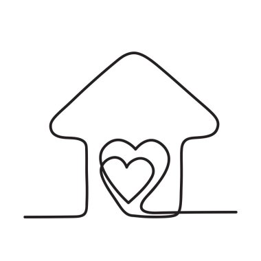 Evin içinde sürekli çizim yapan kalp, güzel ev, aşk konsepti, vektör illüstrasyonu.