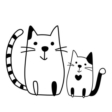 İki sevimli siyah beyaz kedi çizgi filmi. Küçük kedisiyle büyük anne, çağdaş tasarım, vektör çizimi.