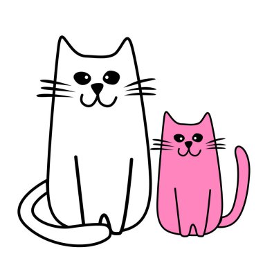 İki kedi - beyaz anne ve pembe çocuk, çağdaş tasarım, vektör çizimi