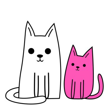 Şirin çizgi film kedileri. Beyaz büyük anne, küçük pembe kediciği, çağdaş tasarımı, vektör çizimi