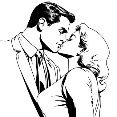 Erkek ve kadın öpüşmesi, vektör illüstrasyon retro pop sanat çizgi stili. Aşk ve Sevgililer Günü konsepti, özet