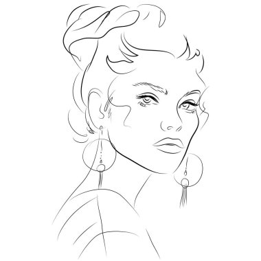 Moda Kadını, çizgi sanatı. Güzel bir kızın soyut portresi, vektör çizimi 
