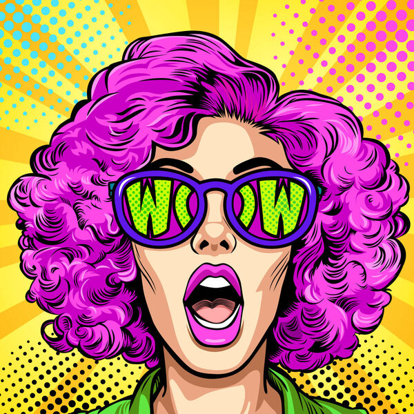 Surprised happy excited young attractive woman with open mouth, pink curly hair and the inscription 'wow' reflected in her sunglasses, vector illustration in vintage pop art comic style