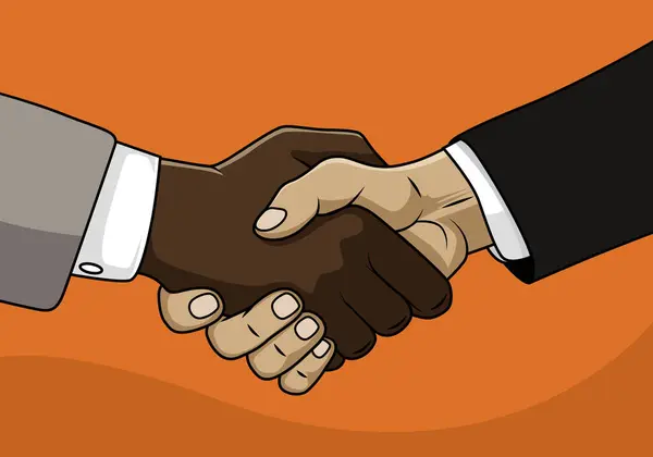 ハンドシェイク 男性の白人とアフリカのビジネスマンは握手 ベクターのイラスト — ストックベクタ