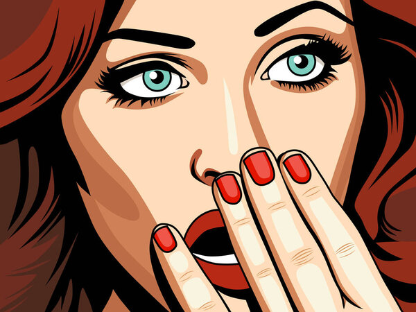 Surprised beautiful woman covering her open mouth with hand, vector illustration in vintage comic pop art style. Shock, amazement