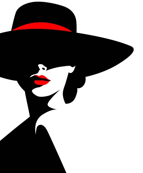 Προφίλ Νεαρής Όμορφης Γυναίκας Μόδας Καπέλο Και Κόκκινα Χείλη Μινιμαλισμός — Διανυσματικό Αρχείο