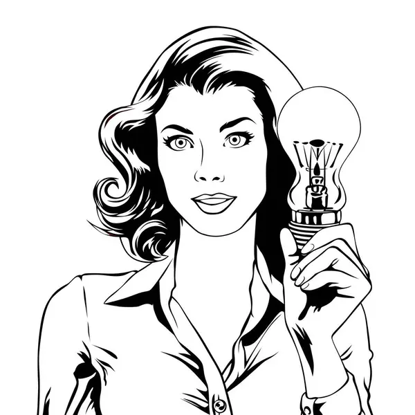 年轻的女人手里拿着灯泡 任务及其成功的解决方案概念 矢量插画复古漫画流行艺术风格 黑白着色书 — 图库矢量图片#