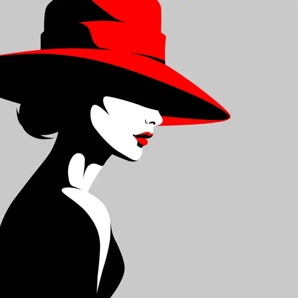 Perfil Joven Hermosa Mujer Moda Con Sombrero Ilustración Vectorial Minimalista — Vector de stock