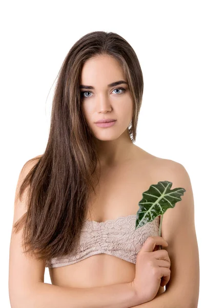 Retrato Femenino Belleza Hermosa Mujer Joven Sosteniendo Hoja Verde Sobre —  Fotos de Stock