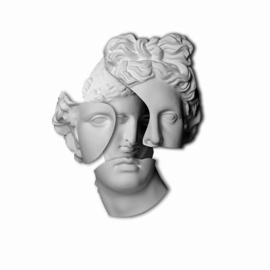 Female plaster statue heads inside broken male one over white background, contemporary collage. Antiquity and modernity, transgender and diversity concept clipart