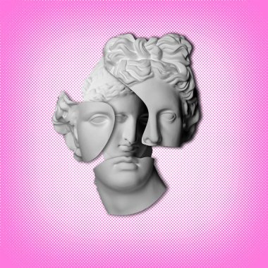 Kırık erkek içinde kadın alçı heykeli var pembe noktalı pop sanat geçmişi, çağdaş kolaj. Antika ve modernlik, cinsiyet değiştirme ve çeşitlilik kavramı