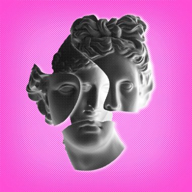 Kırık erkek içinde kadın alçı heykeli var pembe noktalı pop sanat geçmişi, çağdaş kolaj. Antika ve modernlik, cinsiyet değiştirme ve çeşitlilik kavramı