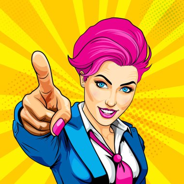 Üniforma giymiş çekici bir genç kız neşeli bir şekilde gülümser ve seni işaret eder. Çizgi roman tarzında vektör çizimi.