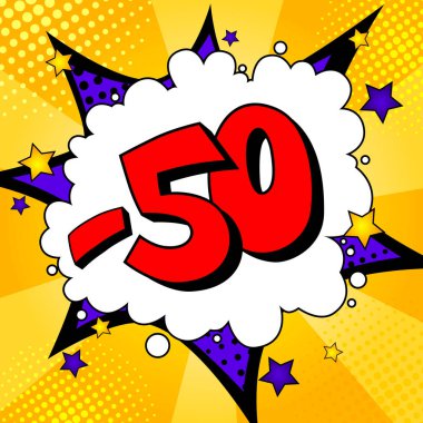 Satılık. - Yüzde 50. Işınlar ve yıldızlarla dolu canlı bir mizah geçmişi var. Vektör illüstrasyonu